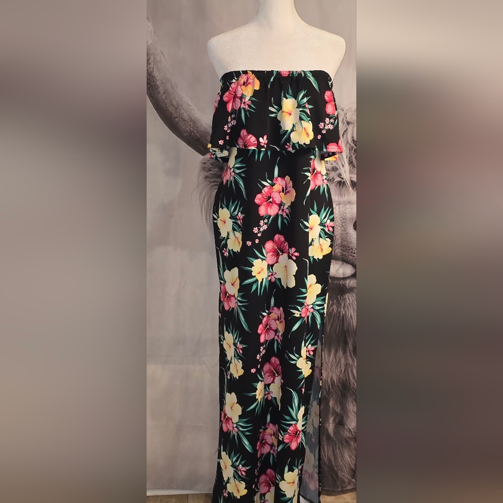 Strapless Floral Dress - Black and Multicolor